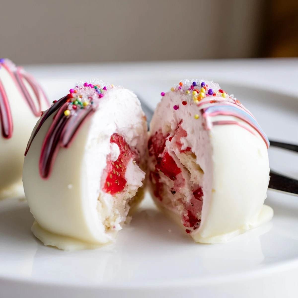 Mini Strawberry Shortcake Easter Egg Bombs split open to reveal whipped cream.