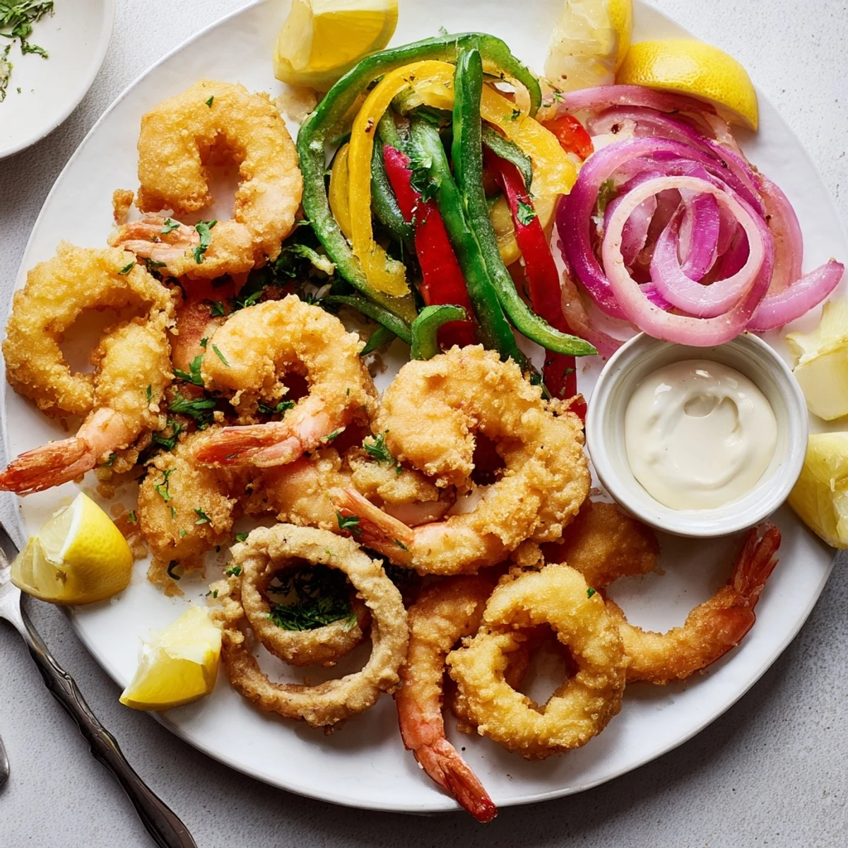 Served hot, Crispy Shrimp Fritto Misto with parsley garnish and aioli