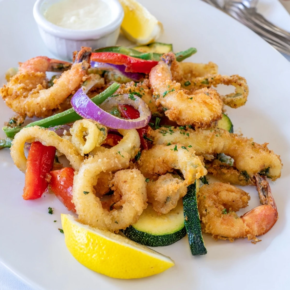 Crispy Shrimp Fritto Misto piled on platter with lemon wedges, sizzling
