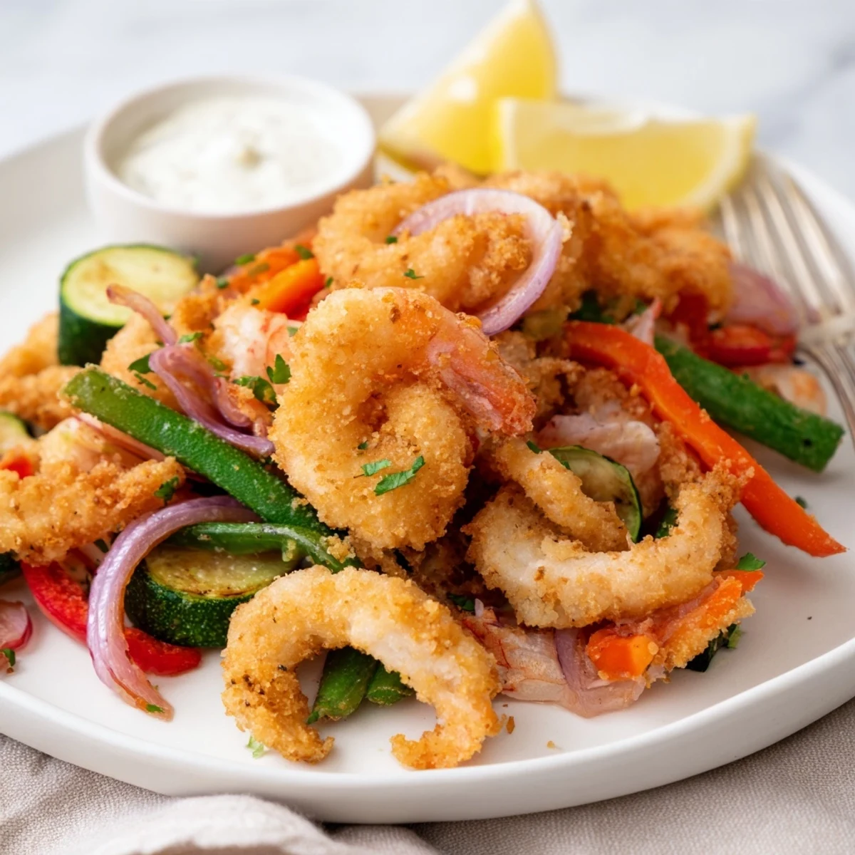 A platter of Crispy Shrimp Fritto Misto with zucchini rounds and dipping sauces