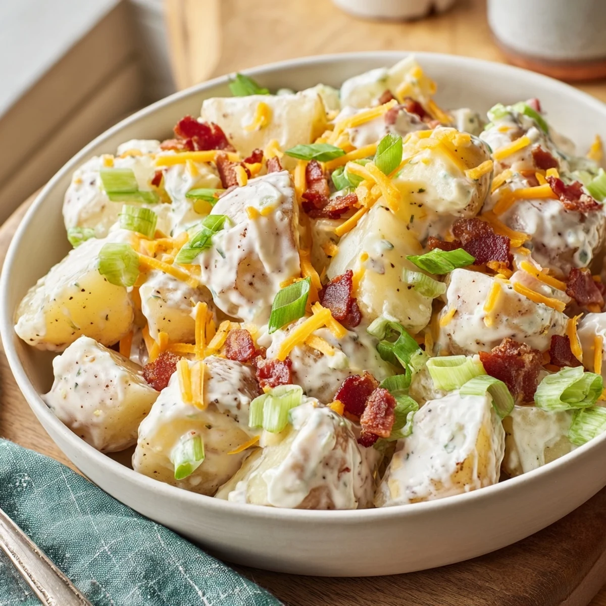 Warm potluck ready Beef Bacon Loaded Potato Salad with melting cheddar