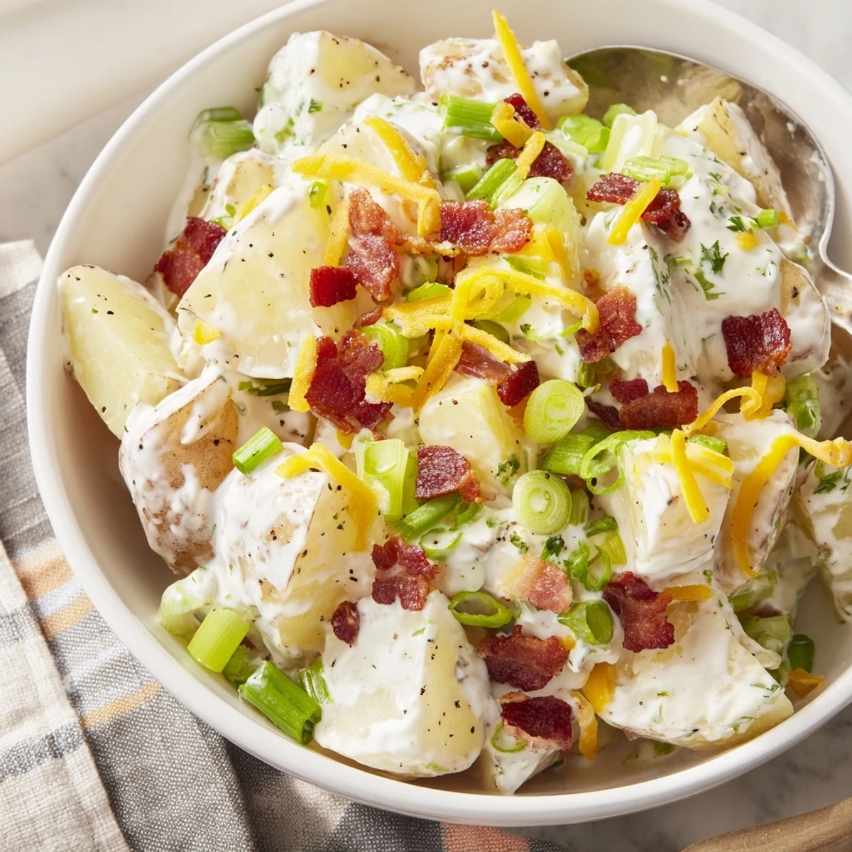 Beef Bacon Loaded Potato Salad with crispy bacon, creamy dressing, chopped herbs