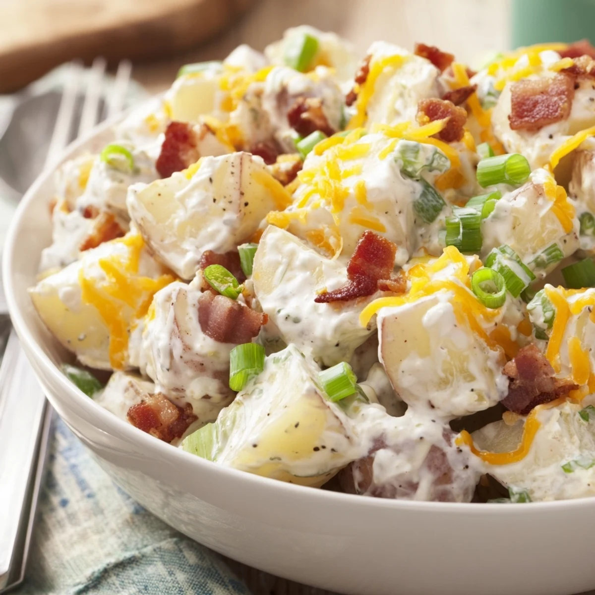Forkful of Beef Bacon Loaded Potato Salad with creamy tang and herbs