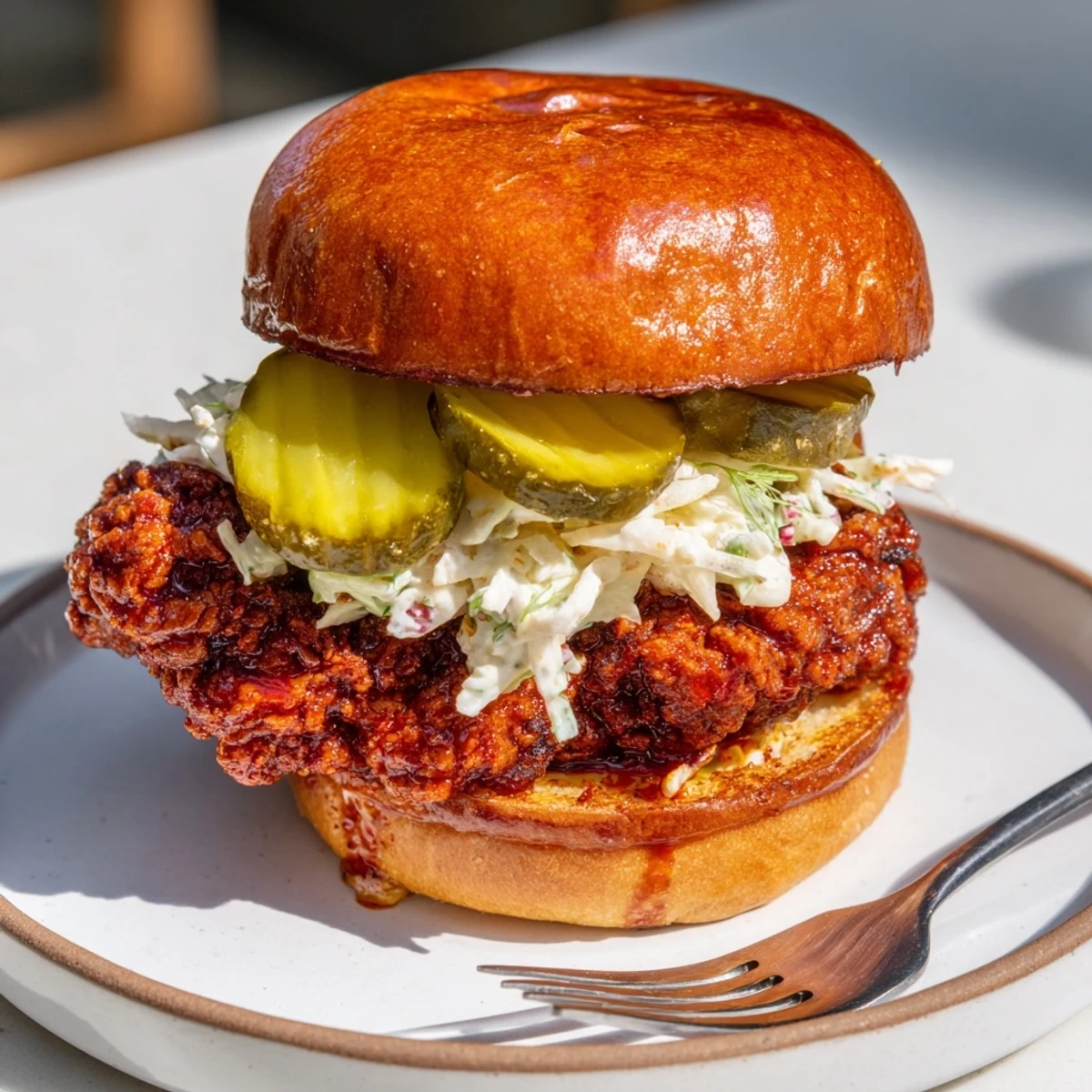 Spicy Nashville Hot Chicken Sandwiches served on toasted brioche with crisp pickles.