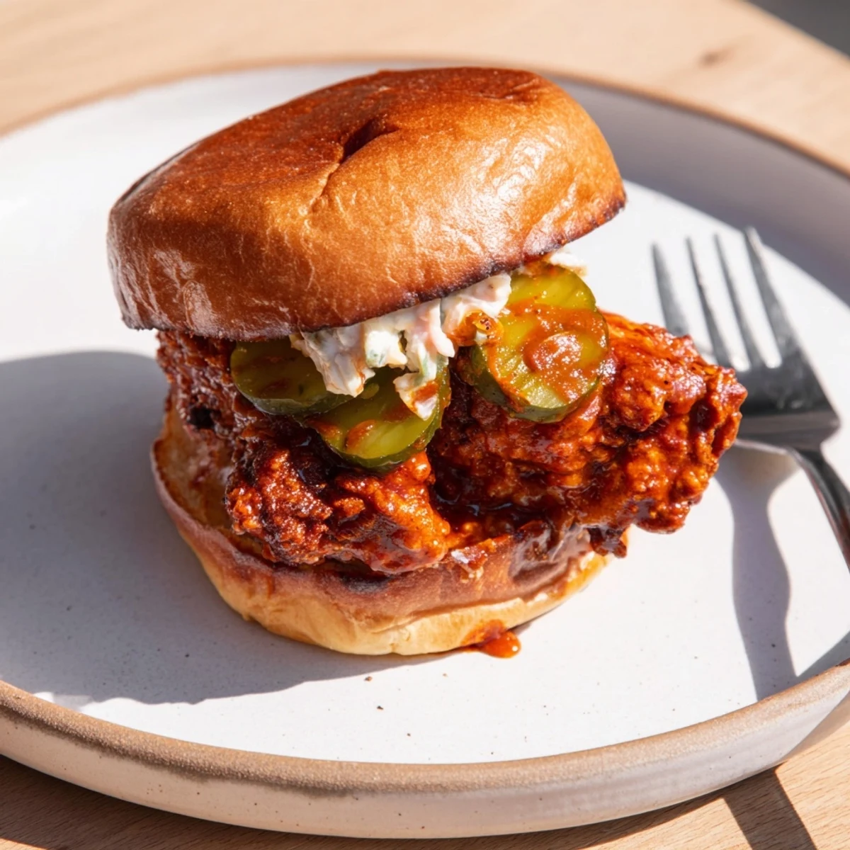 Spicy Nashville Hot Chicken Sandwiches recipe: juicy fried thighs brushed with smoky cayenne.