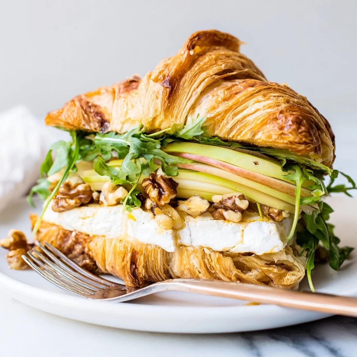 Apple Goat Cheese Croissant Sandwich Recipe plated for brunch, tangy goat cheese visible