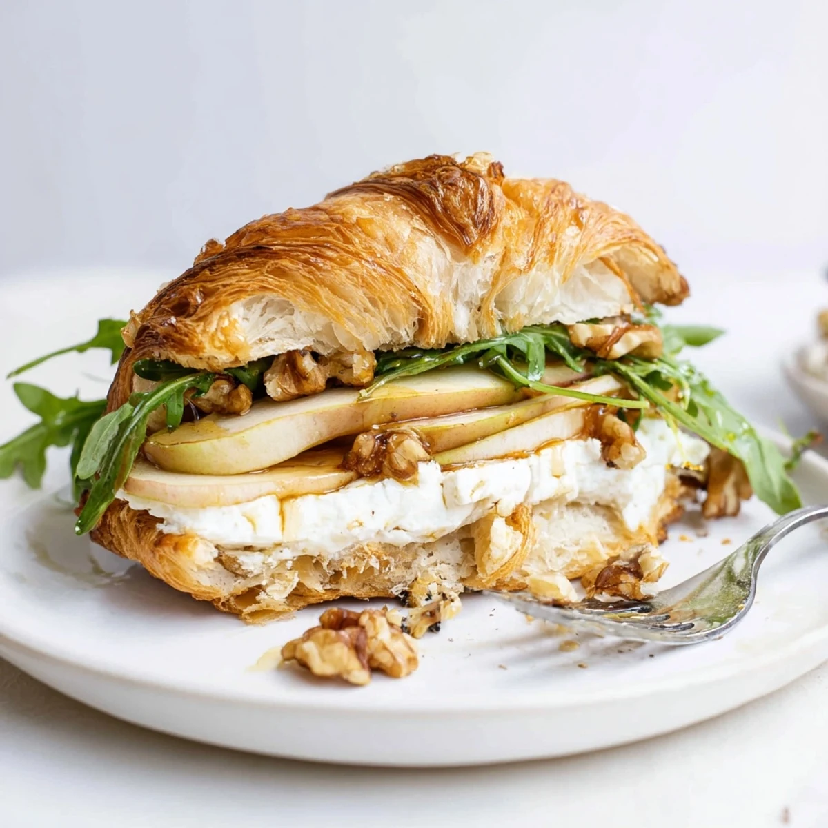 Apple Goat Cheese Croissant Sandwich Recipe layered with arugula, honey drizzle, nutty crunch