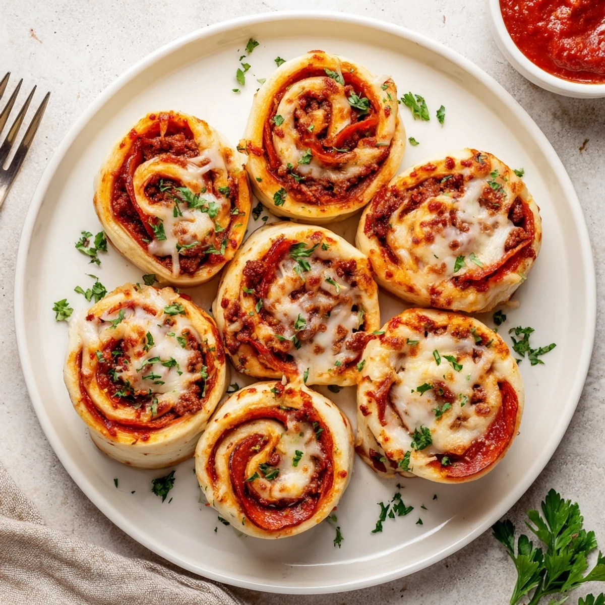Cheesy Beef Pepperoni Pizza Roll Ups steaming, golden-brown, served with marinara dip