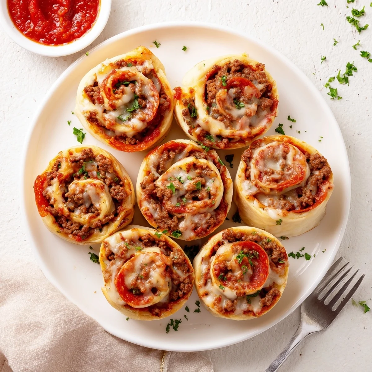 Fresh-baked Cheesy Beef Pepperoni Pizza Roll Ups cooling on parchment, basil garnish