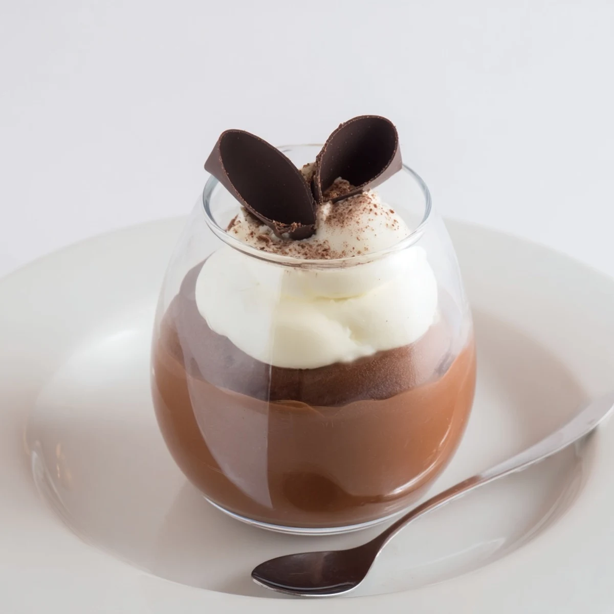 Triple Chocolate Mousse Cups layered in glass, silky textures, shaved chocolate garnish.