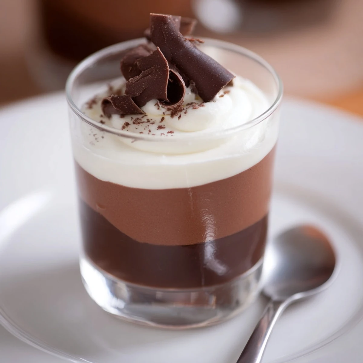 Serve Triple Chocolate Mousse Cups with a spoon; velvety dark, milk, white layers.