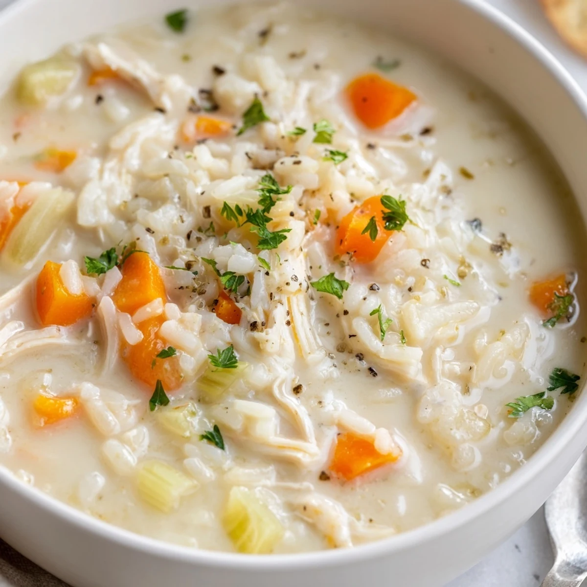 Creamy Chicken Rice Soup steaming in a bowl, velvety broth and tender chicken