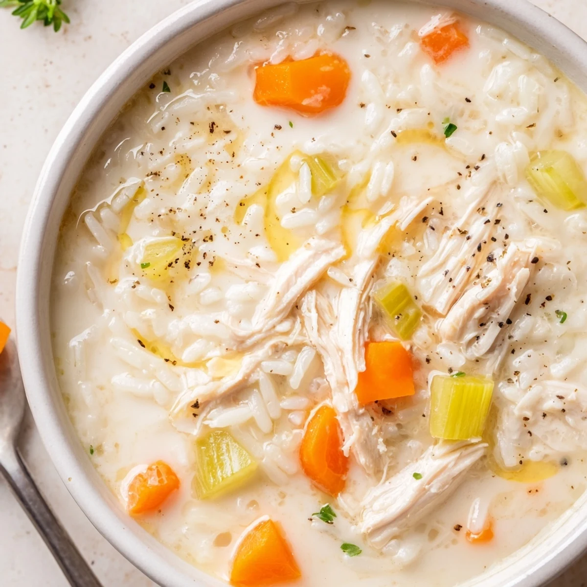 Spoon lifting Creamy Chicken Rice Soup revealing tender rice, carrots, comforting aroma