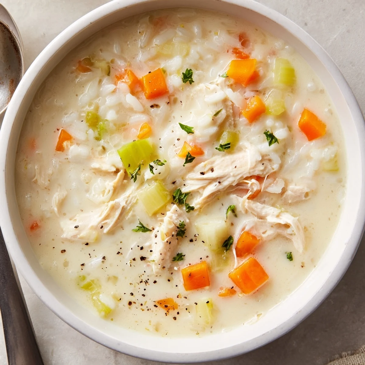 Bowl of Creamy Chicken Rice Soup garnished with parsley, served with crusty bread