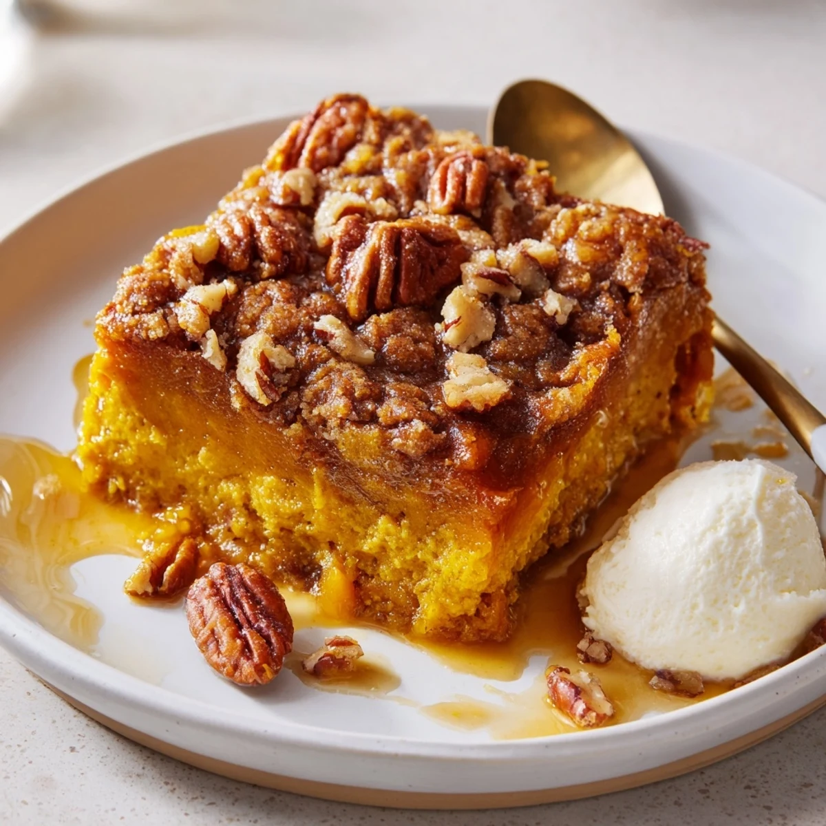 Freshly baked Pumpkin Dump Cake cooling in pan, sweet spiced aroma