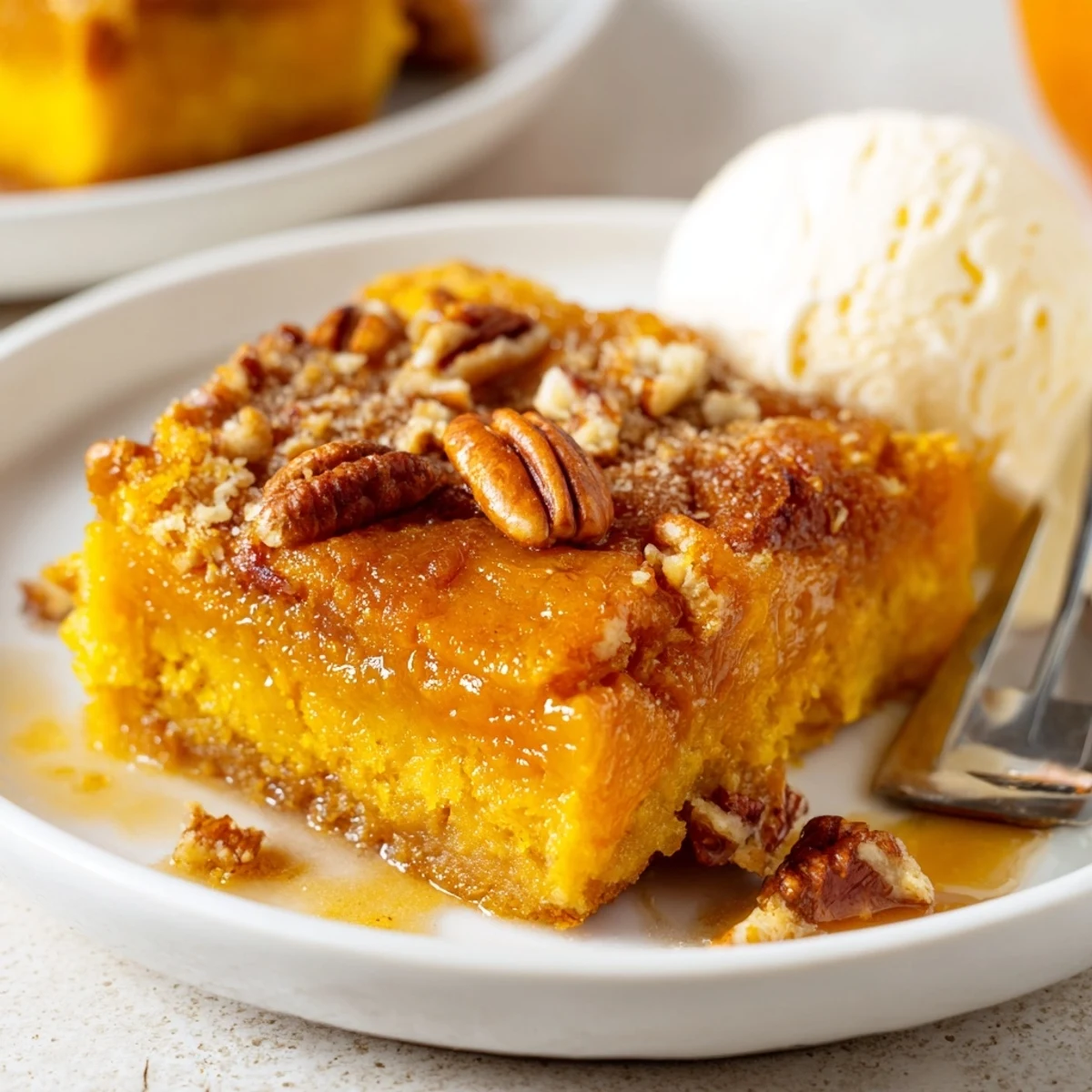 Pumpkin Dump Cake with golden pecan topping, warm and fluffy slices