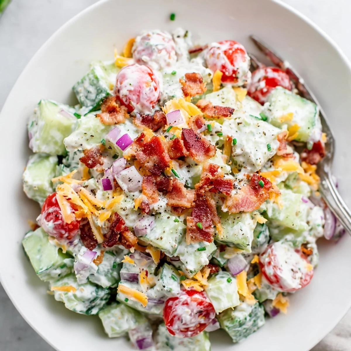 Cucumber Ranch Crack Salad piled in bowl with crunchy bacon and chips