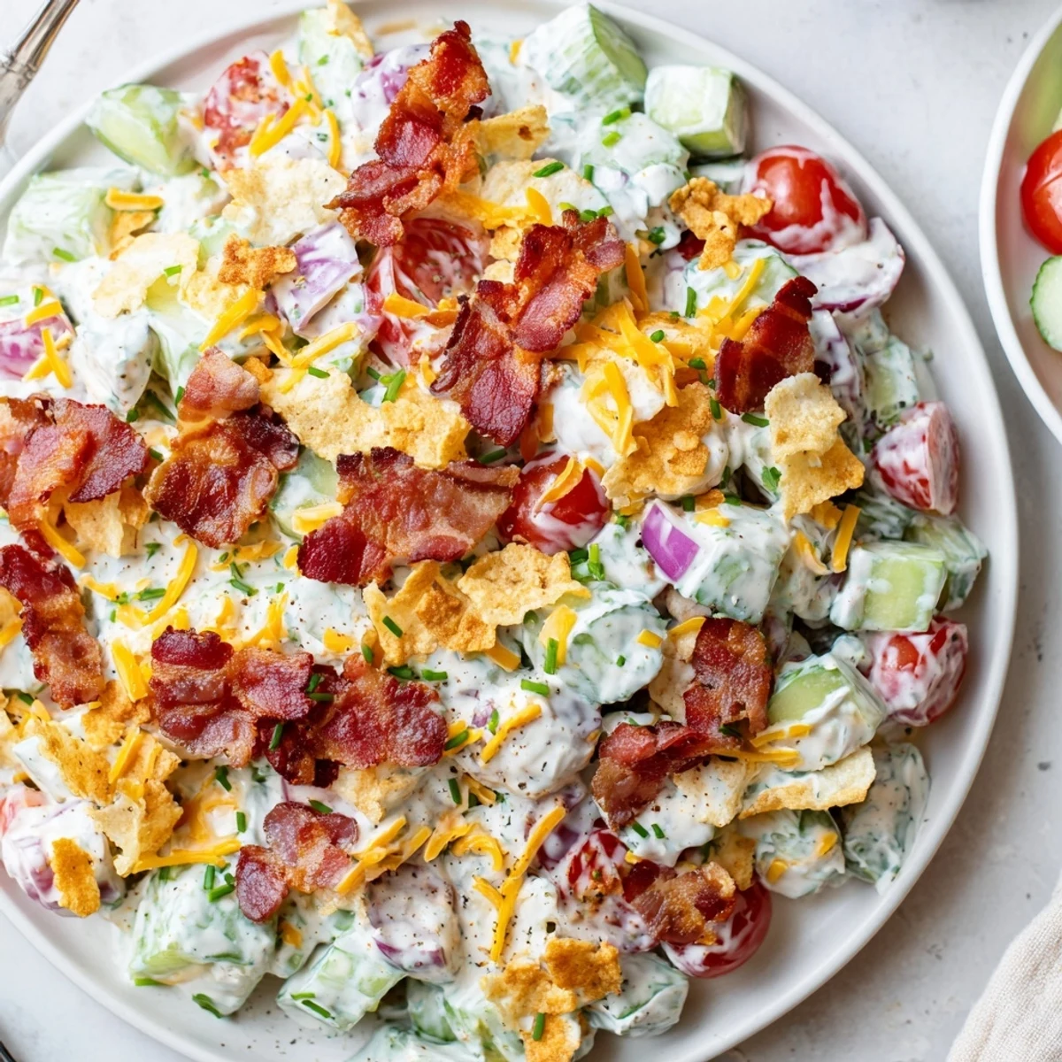 Creamy Cucumber Ranch Crack Salad glistening with cheddar, chives, picnic-ready