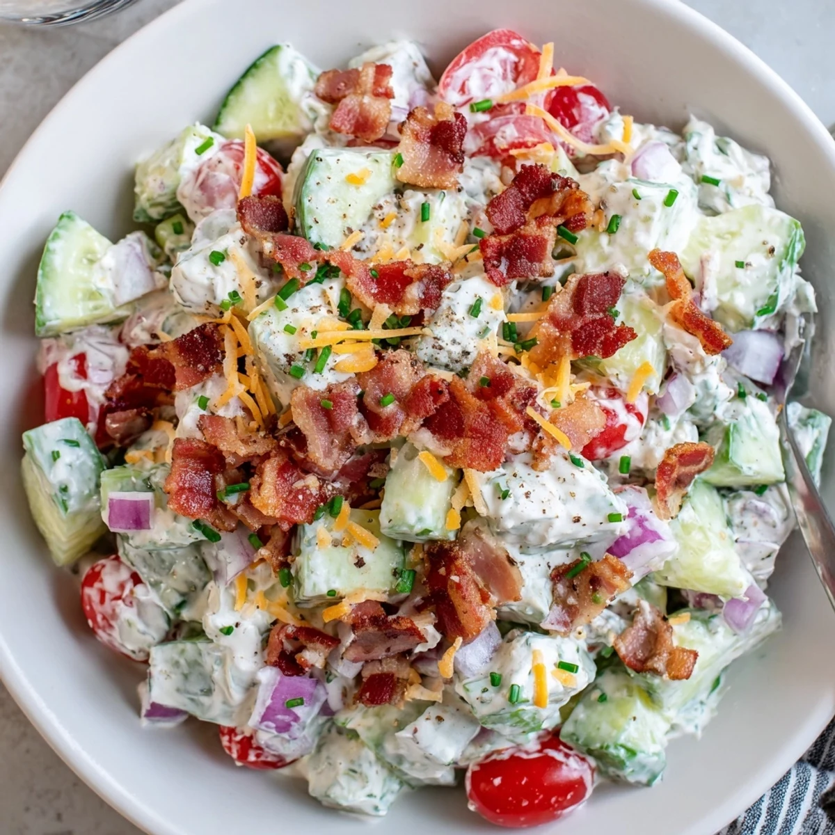 Bright Cucumber Ranch Crack Salad tossed in ranch dressing, served chilled