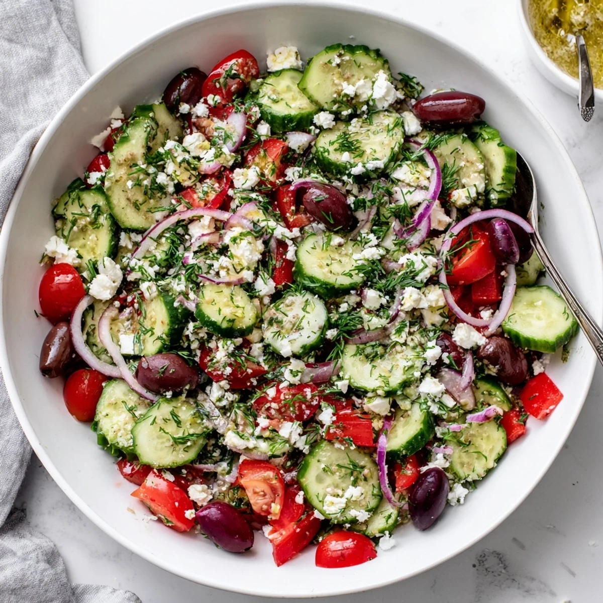 Fresh Mediterranean cucumber salad recipe with crisp vegetables, feta cheese, and olives in a bowl