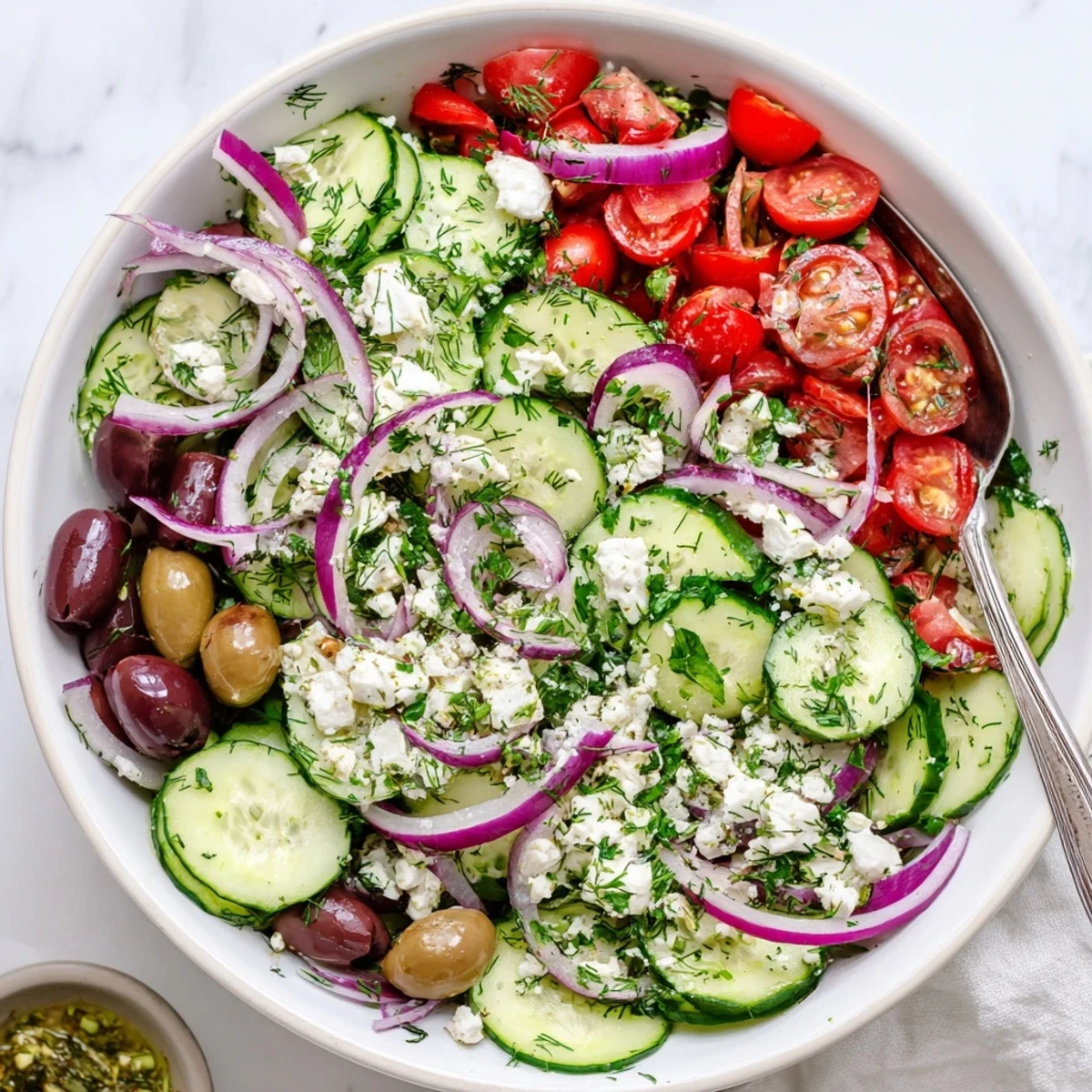 Vibrant Mediterranean cucumber salad recipe served chilled with crunchy bell peppers and Kalamata olives