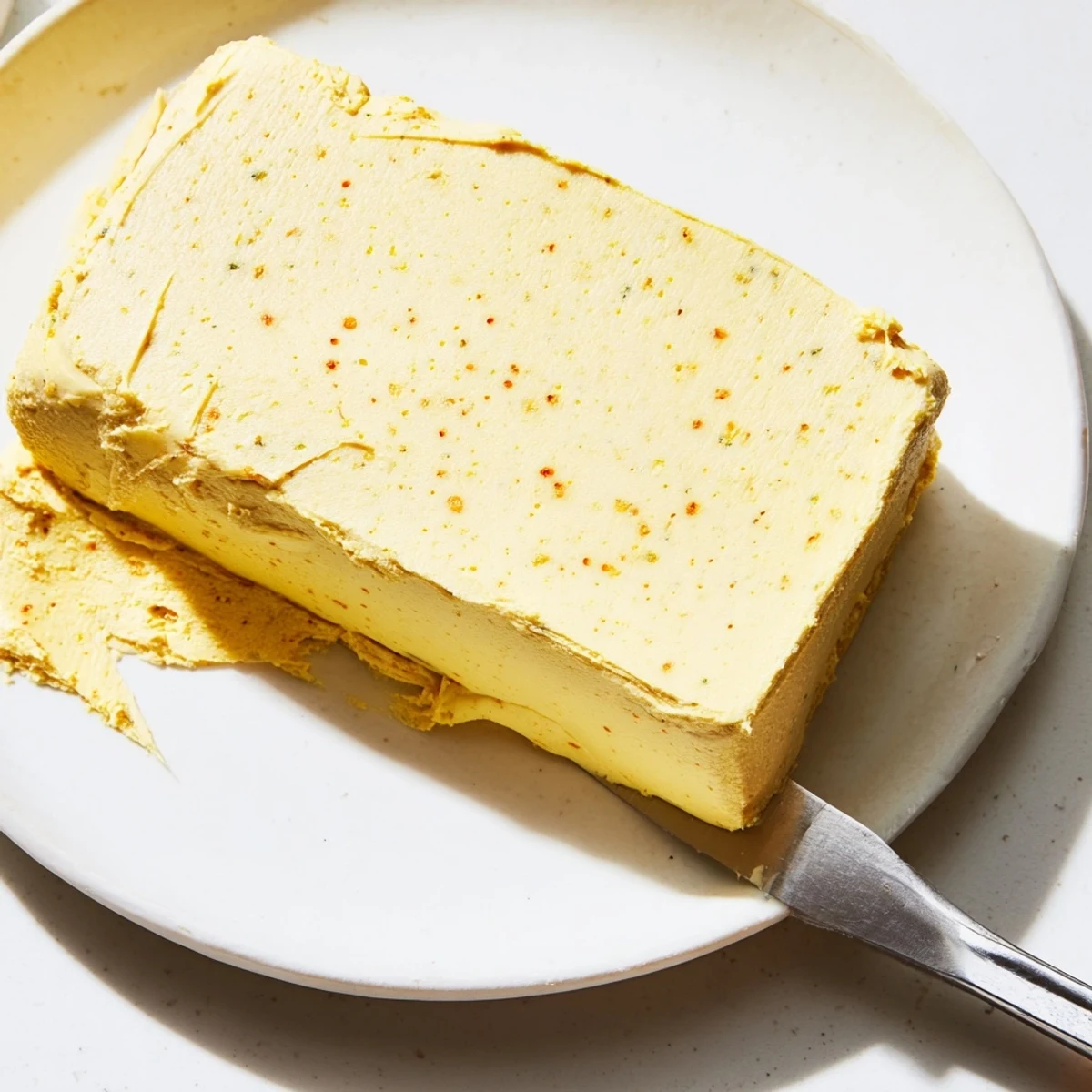 Golden vegan dairy free butter spread generously on toasted sourdough bread slice