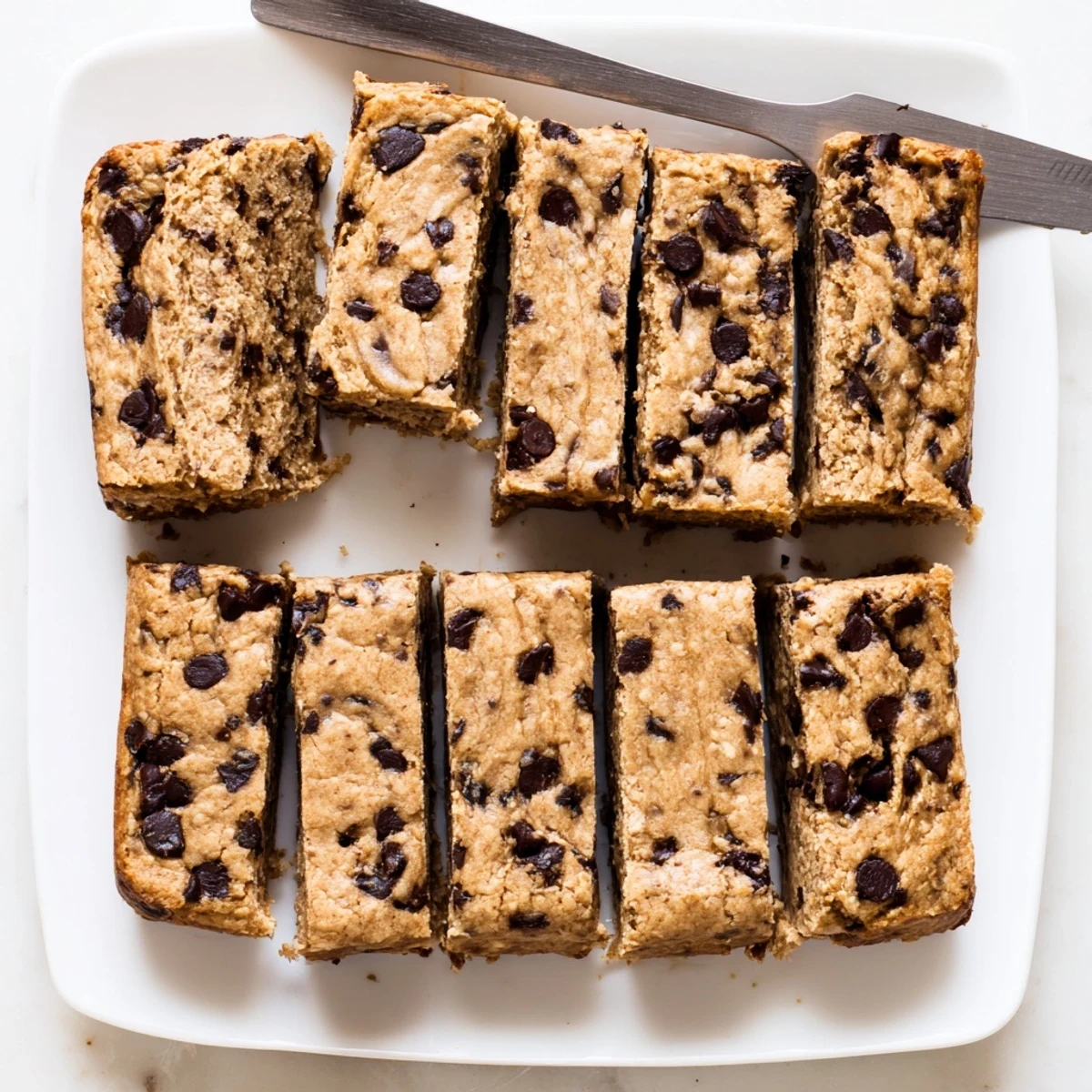 Golden flourless peanut butter banana bars topped with melted chocolate chips on a white plate