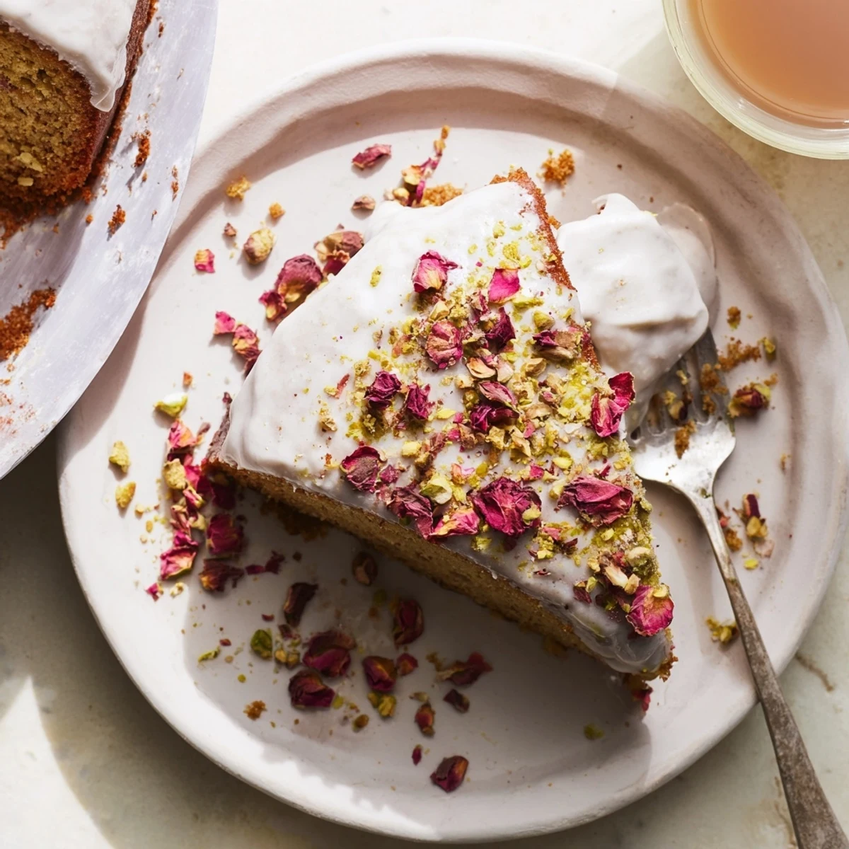 Moist almond cardamom Persian Love Cake slice on white plate with rose petals