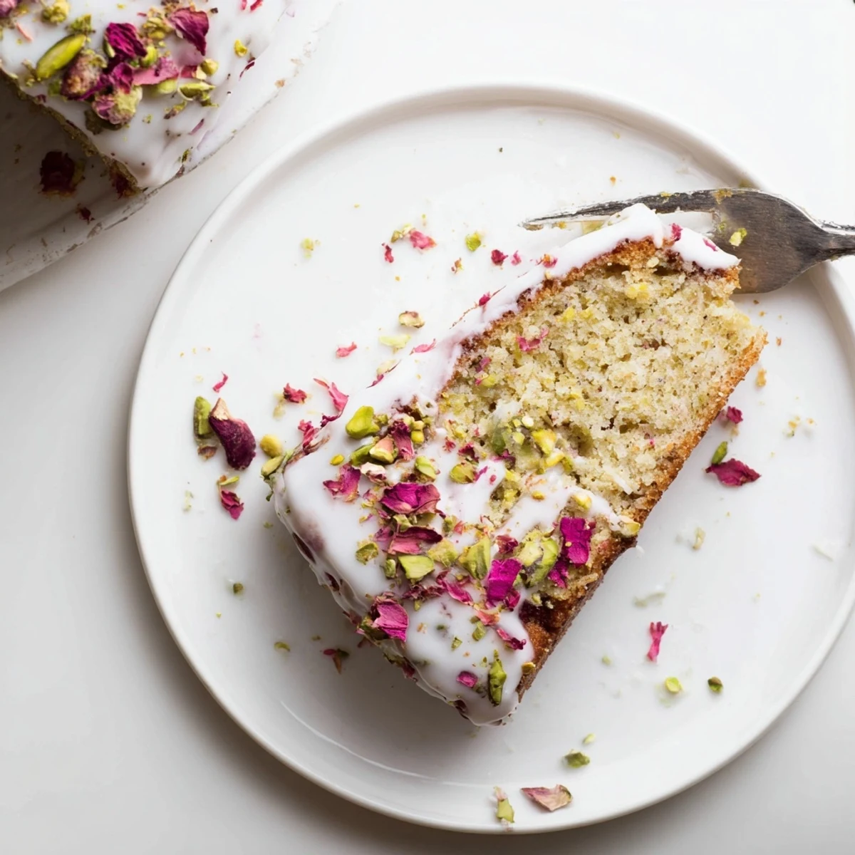 Fragrant Persian Love Cake displaying tender almond crumb and green pistachio garnish
