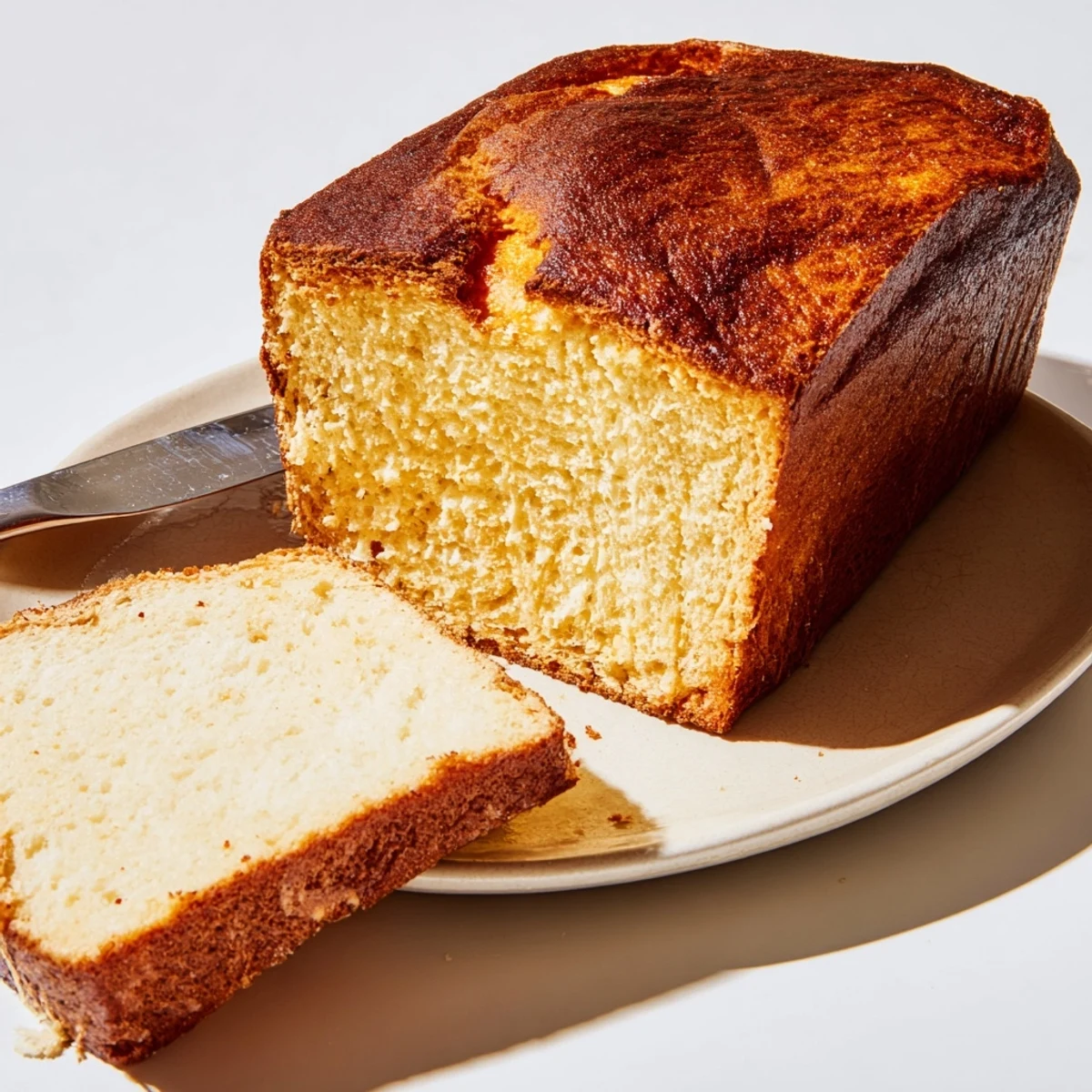 Golden brown cottage cheese loaf bread sliced on a wooden cutting board with melting butter