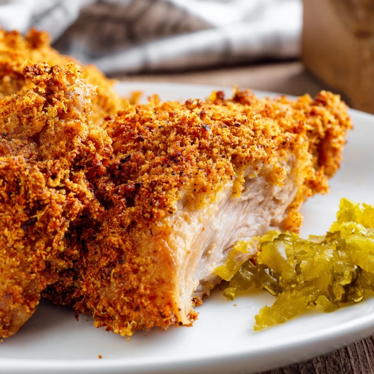 Juicy fried chicken pieces coated in crunchy panko breading after pickle juice marinade