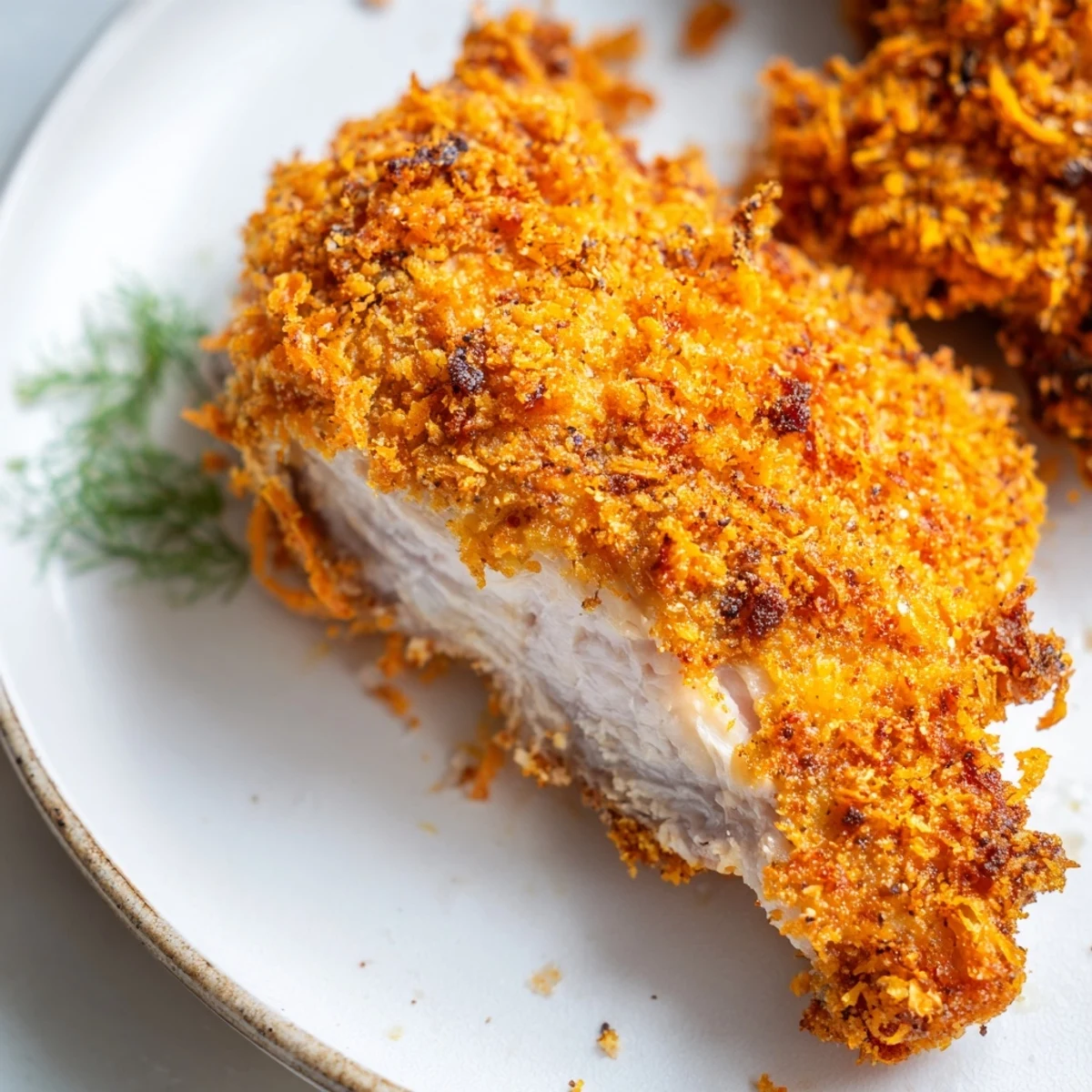 Golden brown crispy dill pickle chicken served on wire rack with pickle garnish