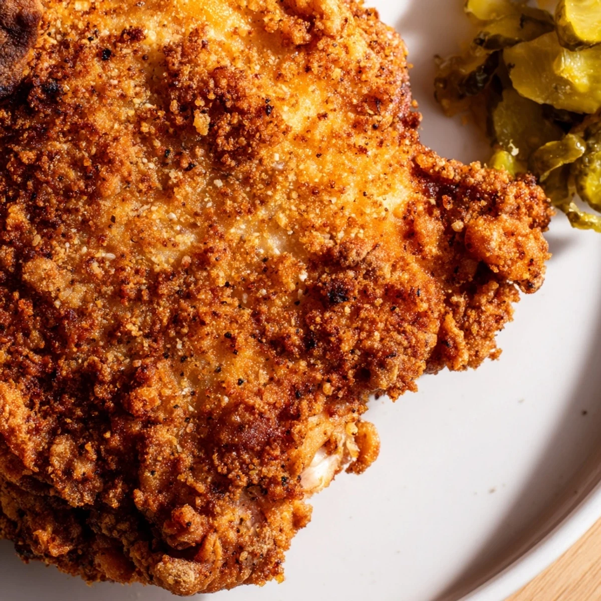 Plate of tangy dill pickle chicken thigh with fresh herbs and crispy crust