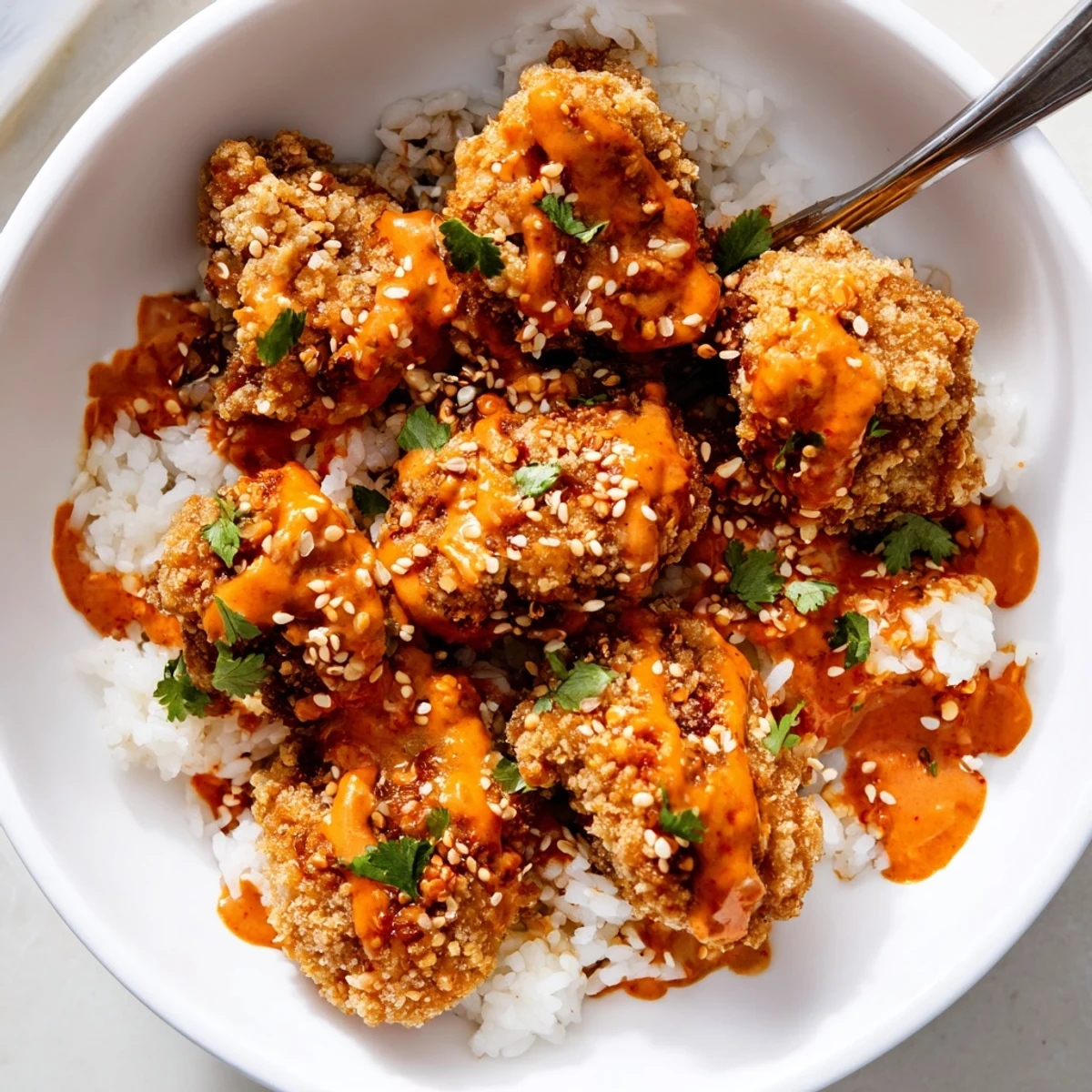 Crispy golden chicken coated in spicy bang bang sauce served over fluffy white rice with colorful fresh vegetables