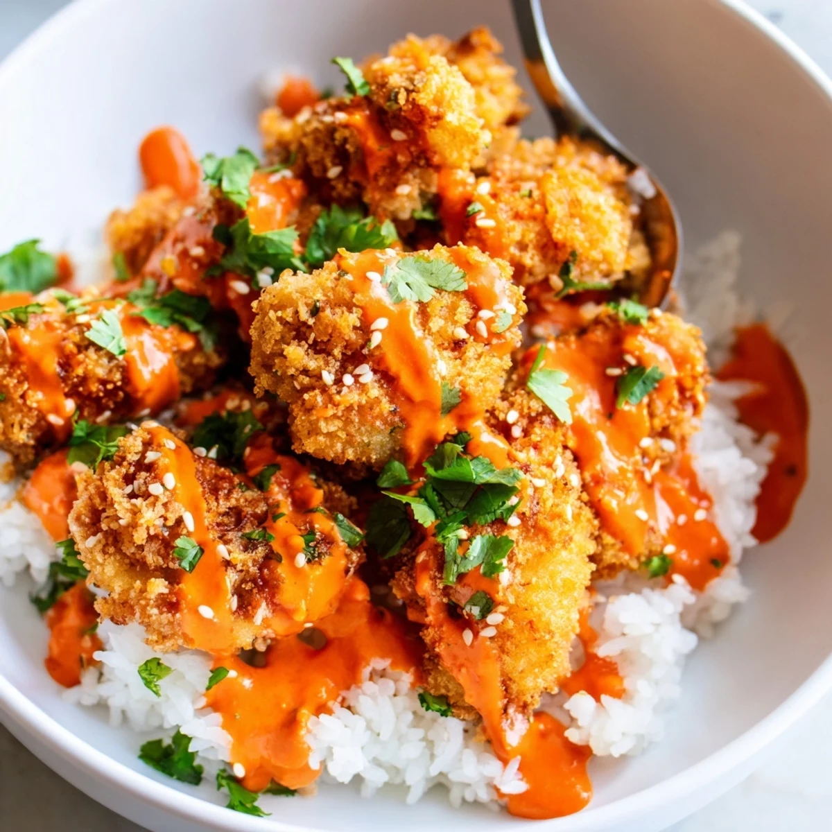 Vibrant Asian-style bowl featuring crunchy fried chicken drizzled with creamy sauce and crisp cucumber carrot shreds