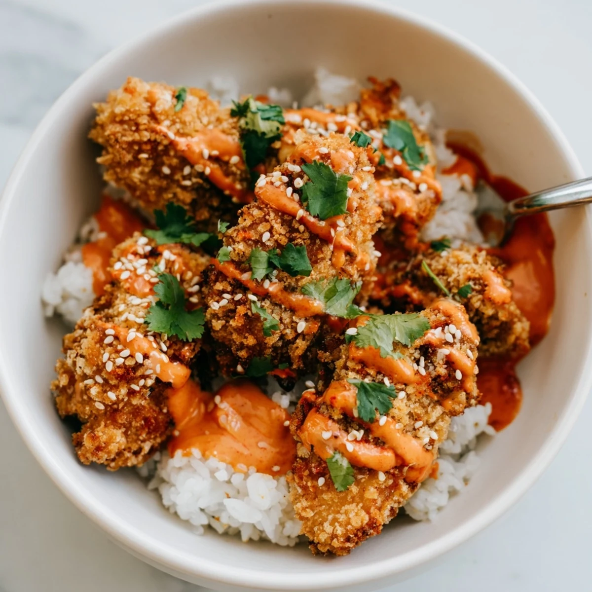 Golden brown fried chicken pieces tossed in spicy mayo sauce atop a bed of jasmine rice with purple cabbage