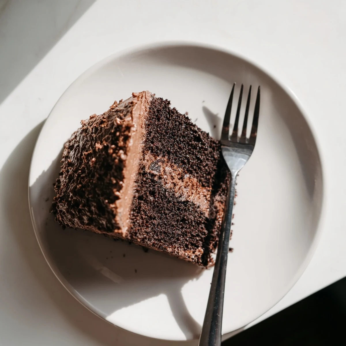 Moist chocolate cake with mayonnaise slice showing tender dark crumb on white plate