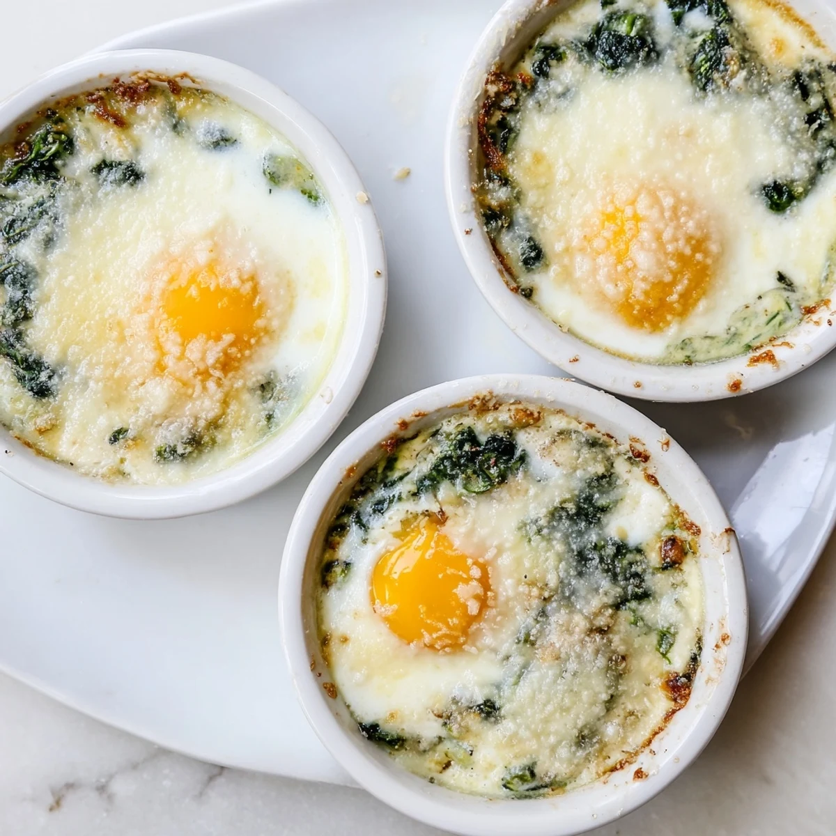 Creamy baked eggs with spinach and Parmesan crust served in small baking dishes with golden edges