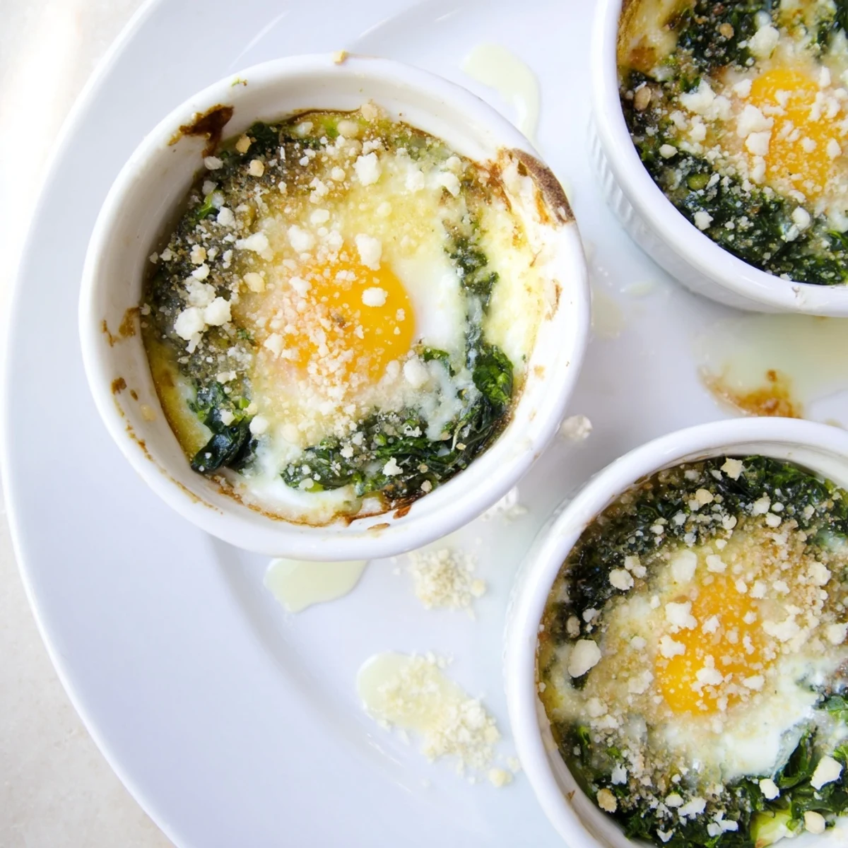 Savory baked eggs spinach Parmesan dish with wilted greens and melted cheese topping freshly from the oven
