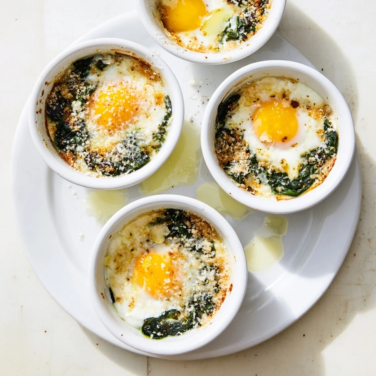 Golden baked eggs with spinach and Parmesan in individual ramekins featuring set whites and runny yolks