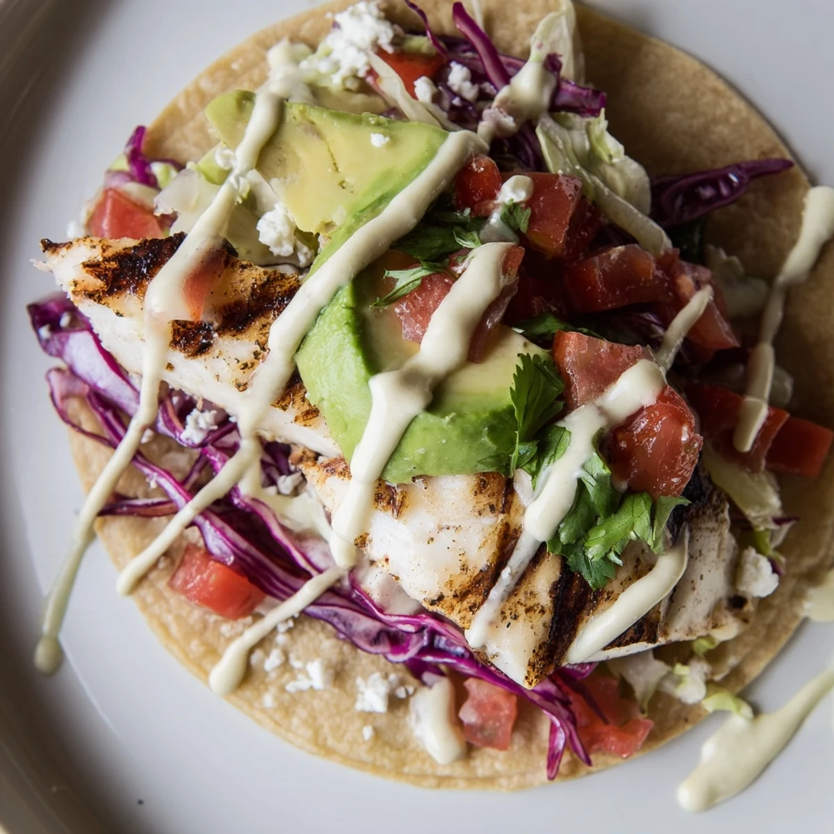 Golden grilled fish fillets tucked inside warm corn tortillas topped with vibrant shredded red cabbage, diced tomatoes, and creamy feta cheese.
