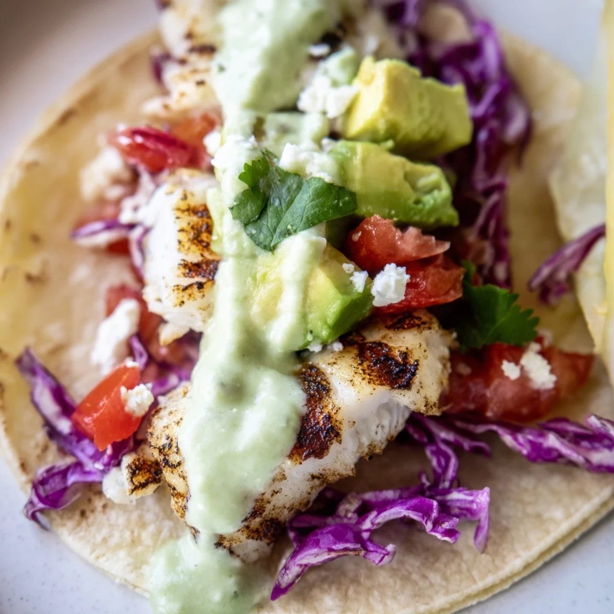 Flaky cilantro lime grilled fish tacos piled high with fresh avocado slices, crumbled cotija, and zesty crema sauce.