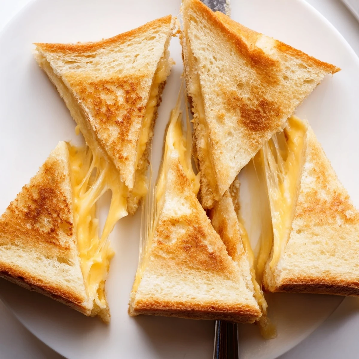 Golden brown grilled cheese sandwich with melted cheddar oozing from buttery toasted bread slices