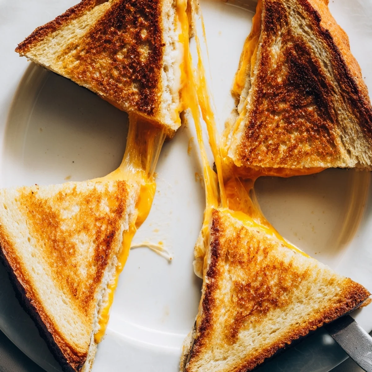 Classic American grilled cheese featuring crispy exterior and gooey cheese layers cut into triangles