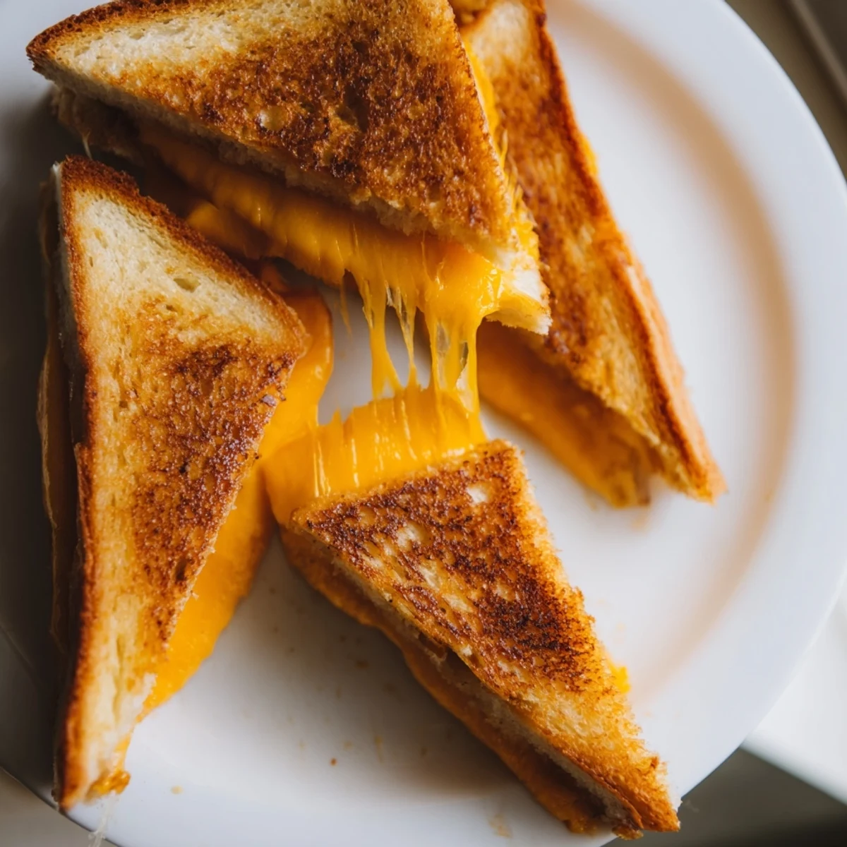 Homemade grilled cheese sandwich with perfectly melted cheese center on a rustic wooden cutting board