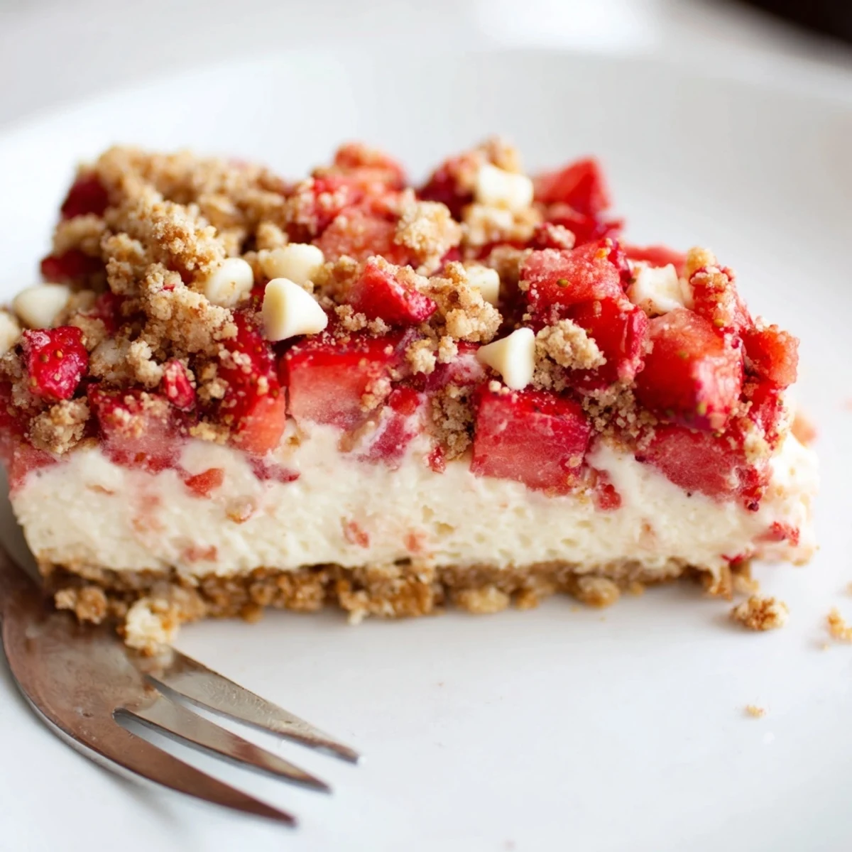 Golden strawberry cheesecake crunch dessert with creamy layers and fresh strawberry topping