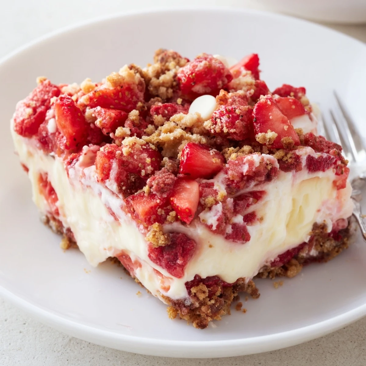 Slice of strawberry cheesecake crunch showcasing graham cracker crust sweet berries and fluffy filling