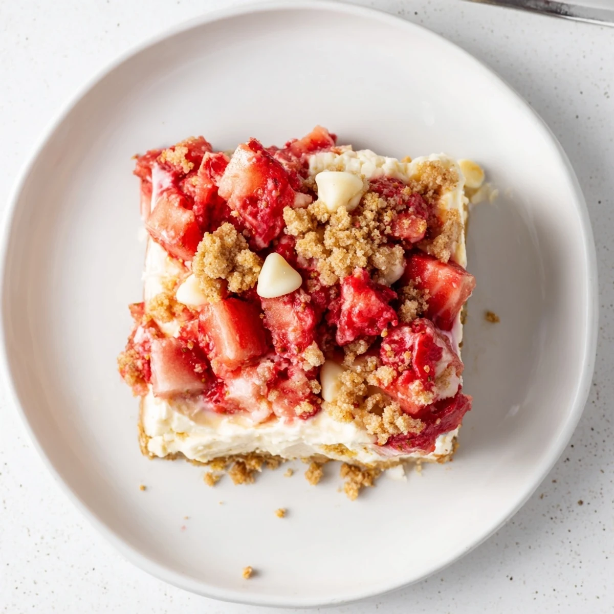 Creamy no bake strawberry cheesecake crunch served in clear glasses with white chocolate chips