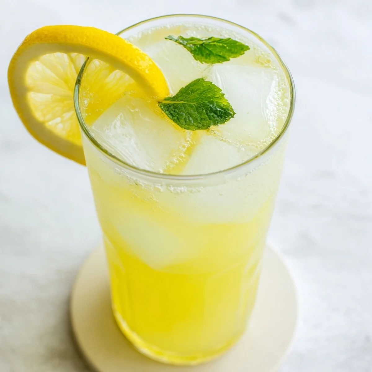 Refreshing homemade lemonade pitcher filled with ice and garnished with fresh lemon slices