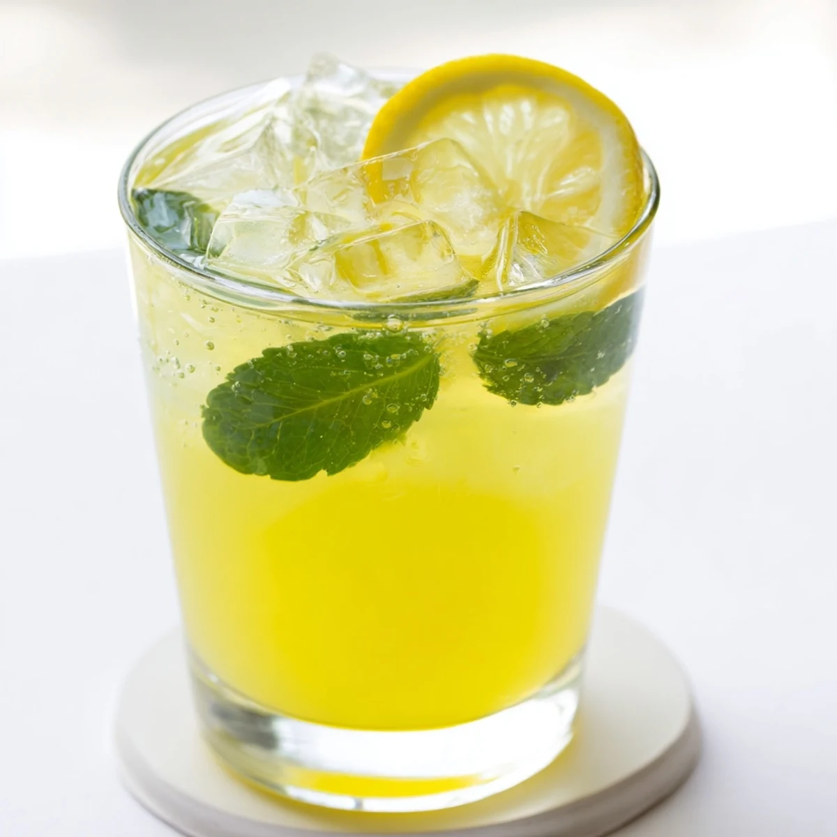 Glass of classic lemonade with floating lemon wedges and mint leaves on a sunny day